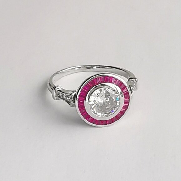 Art Deco White Sapphire and Ruby Ring in Sterling Silver engagement size 6 - Picture 6 of 12